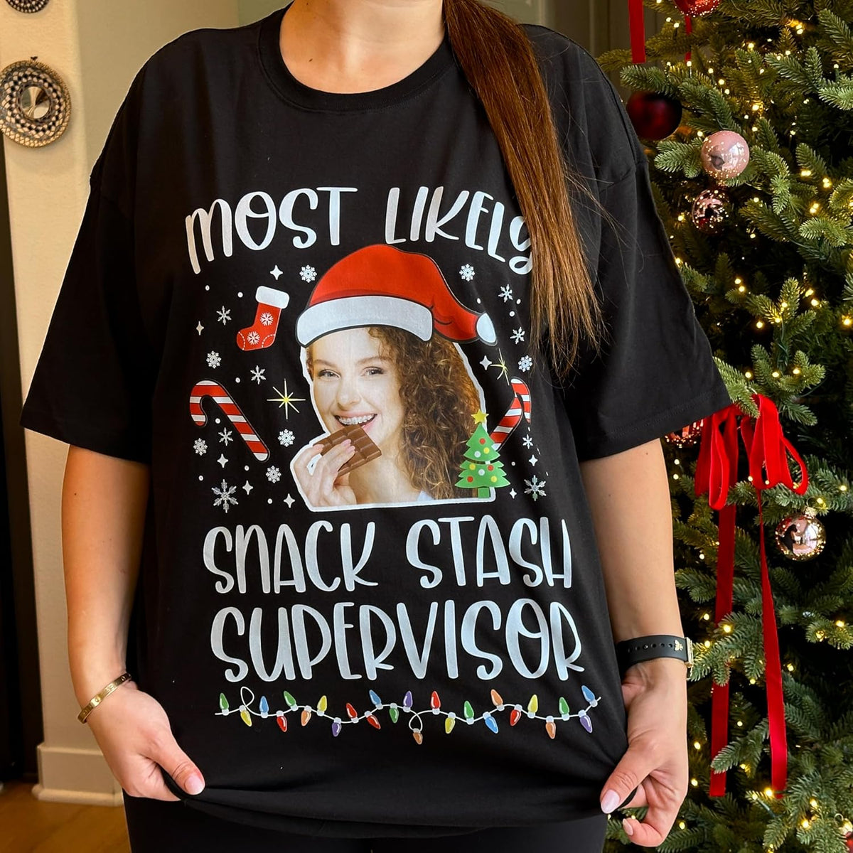 Custom Christmas Most Likely T-Shirt - Personalized Santa Photo Holiday Tee for Office Party - Add Your Image, Funny Graphic, Custom Text, Xmas Gift for Women, Men, or Friends Multi