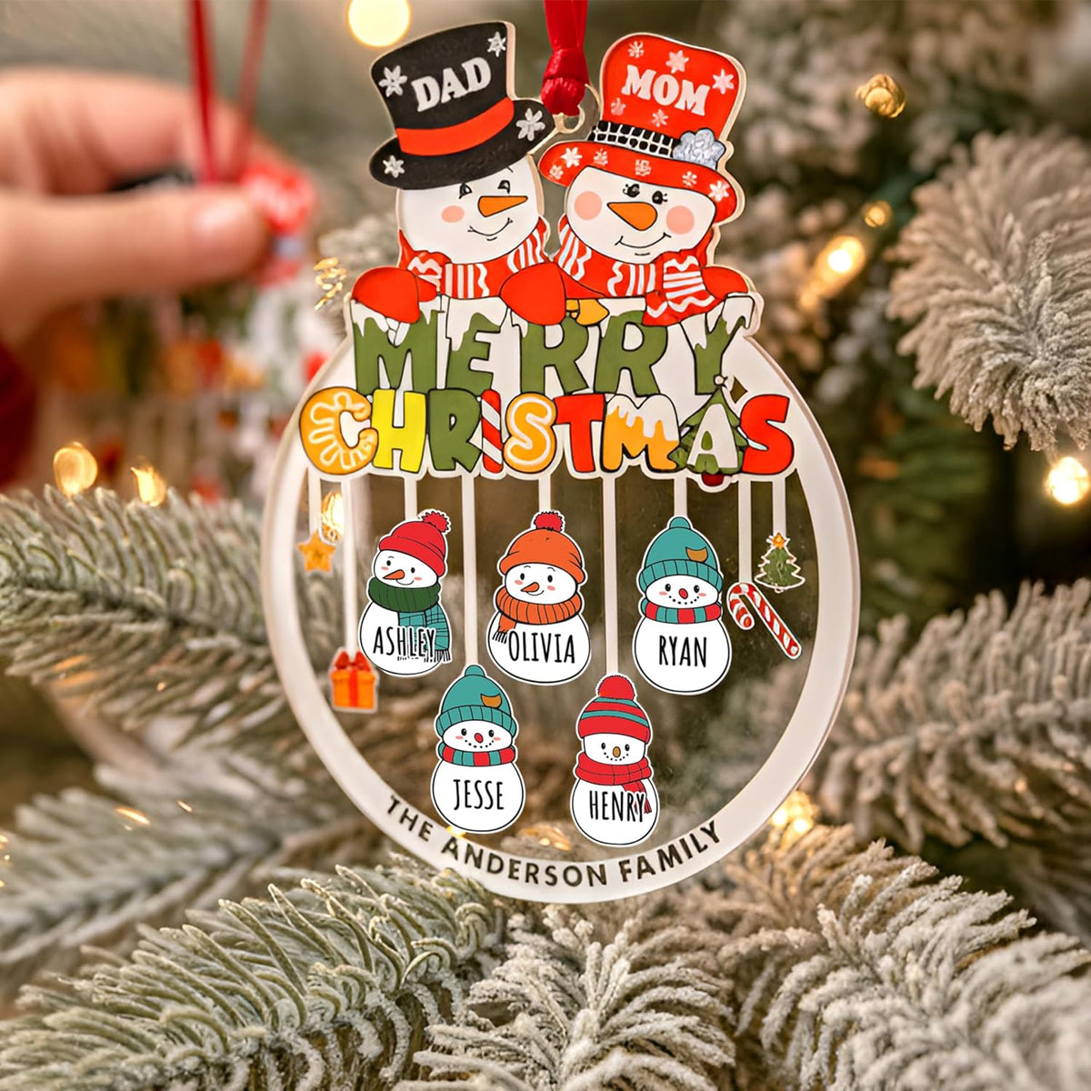 Family Christmas Ornament with Names – Personalized Snowman Family Tree Decoration – Custom Parents & Kids Name Ornament with Surname – Holiday Keepsake for Mom, Dad, Grandparents, Grandkids