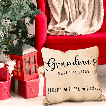 Personalized 'Grandkids Make Life More Grand' Throw Pillow Case – Custom for Grandma – 18x18 Inch Cotton Canvas Cushion Cover with Grandchildren's Names