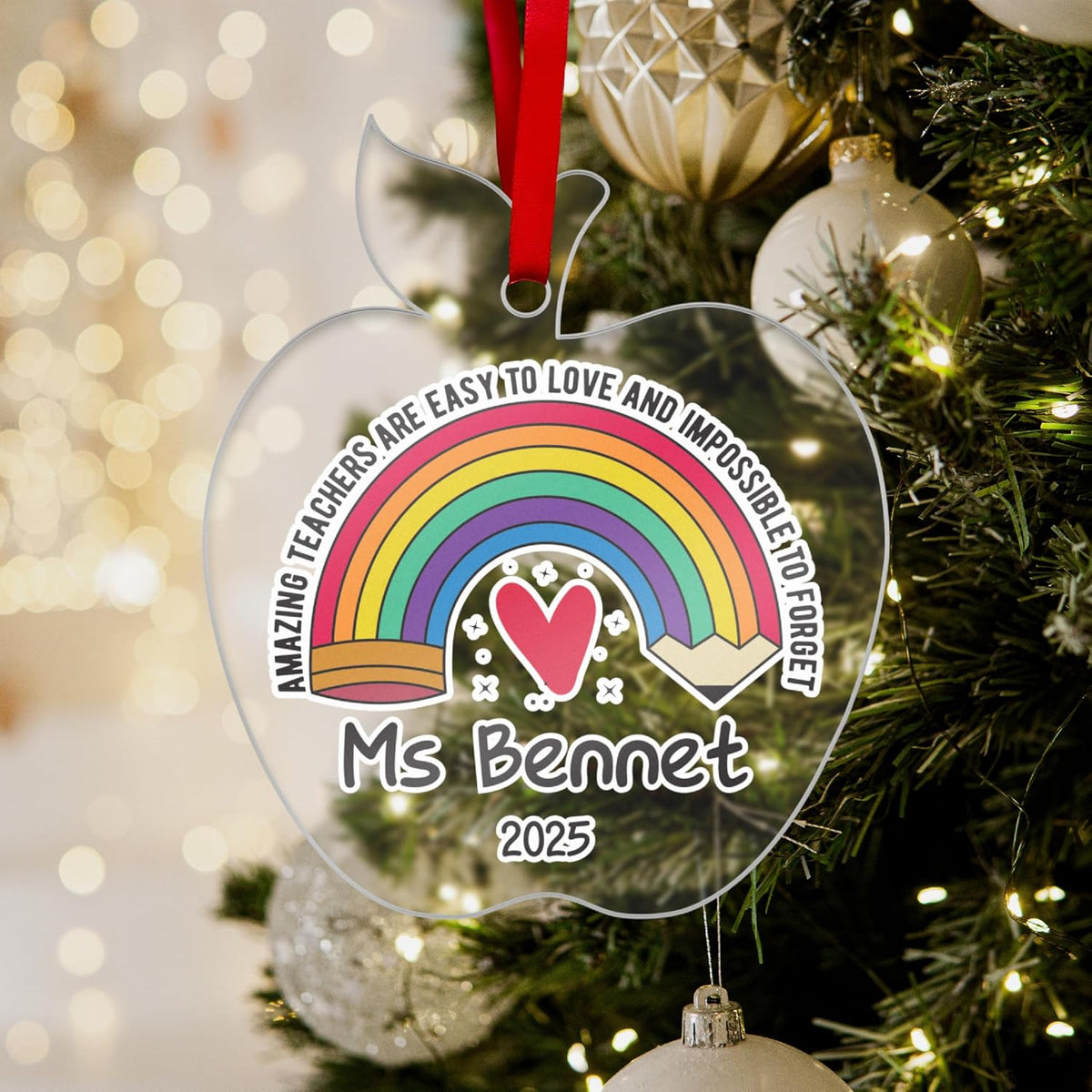 Personalized Teacher Christmas Ornament – Custom Apple Acrylic Tree Decoration with Name & Year – Rainbow Heart Design Holiday Keepsake, Teacher Appreciation Gift, End of Year Classroom Present