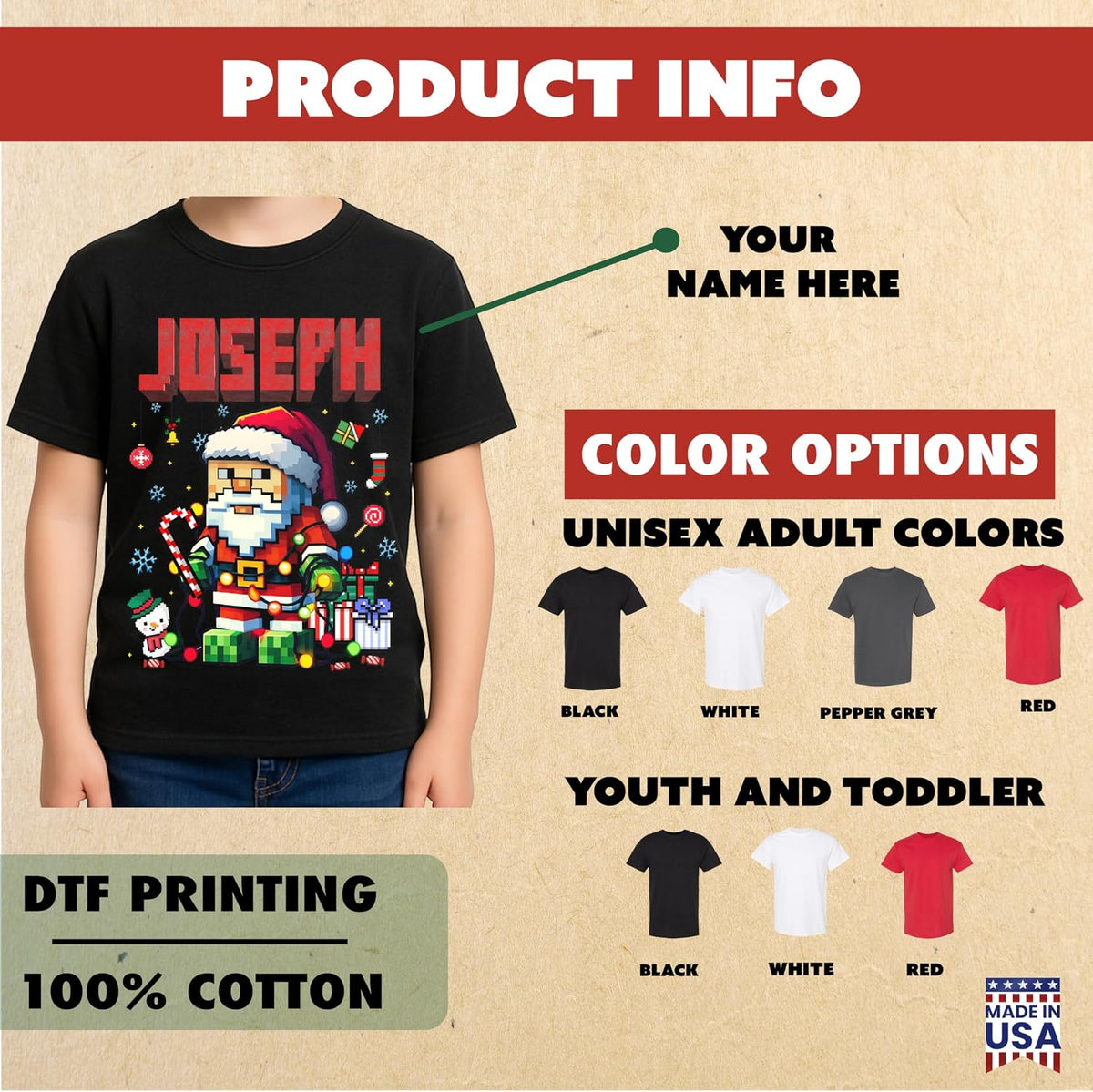 Personalized Santa Christmas T-Shirt for Kids & Toddlers - Custom Name Pixel Art Holiday Shirt - Unisex Cotton Tee for Boys & Girls - Cute Xmas Gift for Family, Grandkids, Occasion Wear Black