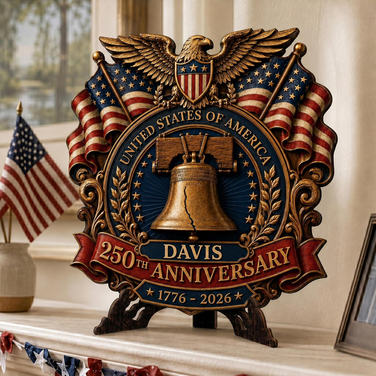 Personalized Eagle Patriotic Door Sign for Front Door, Custom Family Name America 250th Anniversary Wooden Door Hanger, USA 1776-2026 Independence Day 4th of July Wall Decor