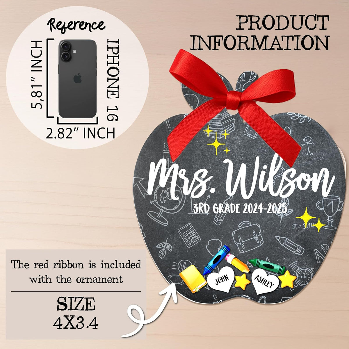 Personalized Teacher Ornament Gift from Students - Custom Acrylic Hanging Decoration with Teacher & Kids Names - Christmas Tree Keepsake for End of Year, Appreciation, Back to School