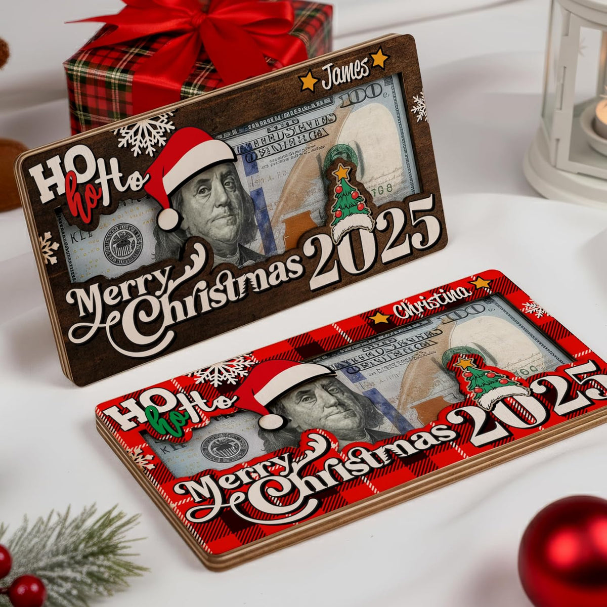 Personalized Christmas Money Holder Card 2025 - Custom Wooden Merry Christmas Bill Frame Gift with Santa Hat Tree & Name - Holiday Cash Holder for Kids, Teens, Family, Friends, Adults