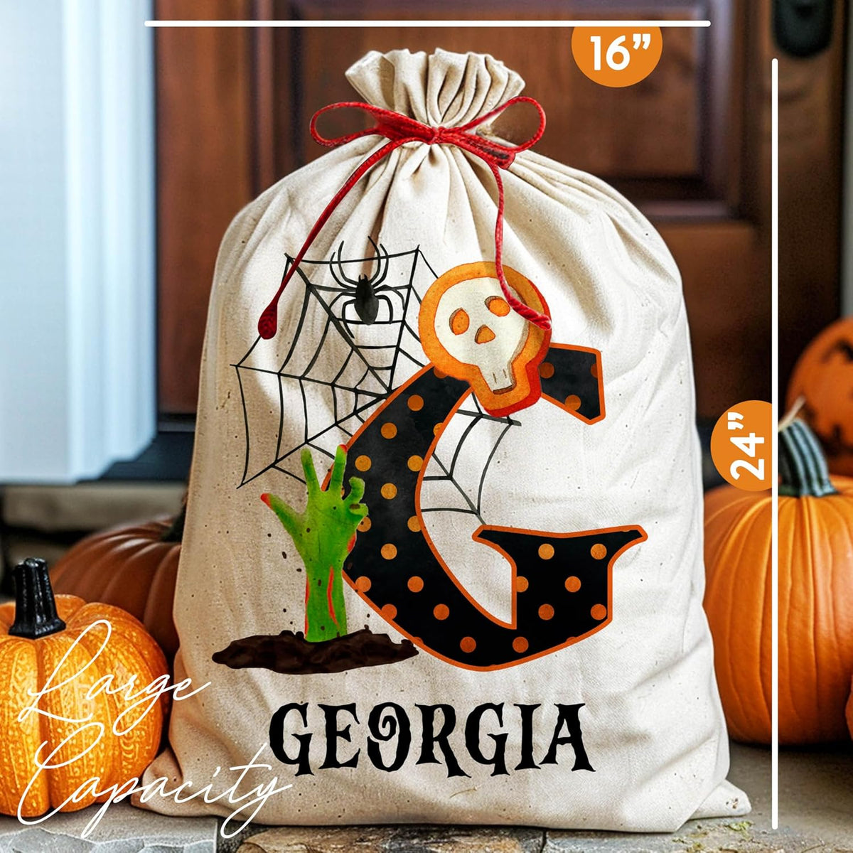 Customized Halloween Trick or Treat Candy Sack - Personalized Reusable Cotton Goodie Bag with Creepy & Funny Pumpkin Design - 16" X 24" Tote Sack - Gift for Halloween Parties