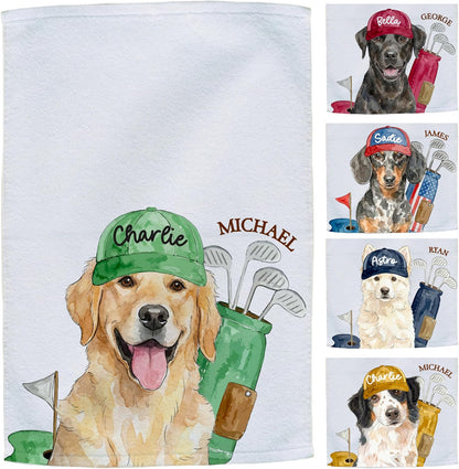 Custom Golf Towel with Photo, Personalized Pet Golf Towel for Men, Dog or Cat Portrait with Name, Funny Golf Bag Accessory Gift for Golfers, Father’s Day Birthday