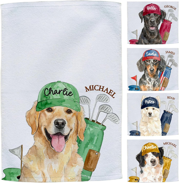 Custom Golf Towel with Photo, Personalized Pet Golf Towel for Men, Dog or Cat Portrait with Name, Funny Golf Bag Accessory Gift for Golfers, Father’s Day Birthday