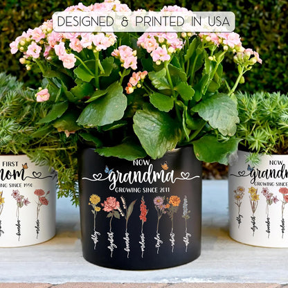 Zexpa Apparel Personalized Flower Pot for Grandma, Mom or Nana, Custom Birth Month Flower Planter with Names, Unique, Mother’s Day, Birthday or Holiday Present, Ceramic Pot