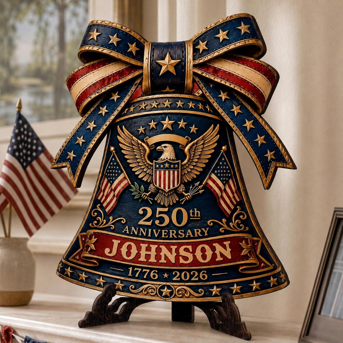 Personalized Eagle Patriotic Door Sign for Front Door, Custom Family Name America 250th Anniversary Wooden Door Hanger, USA 1776-2026 Independence Day 4th of July Wall Decor