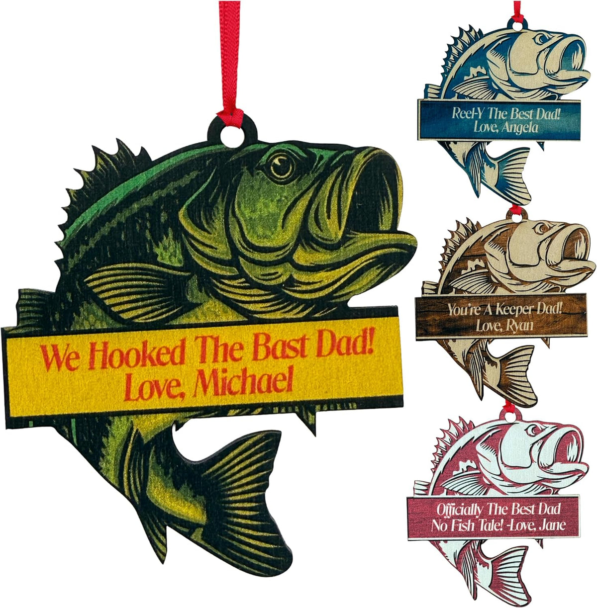 Personalized Fishing Dad Ornament - Custom Fish Bass Master Tree Decoration for Father’s Day Christmas - We Hooked The Best Dad No Fish Tale Gift from Kids Son Daughter - 6 Design Options
