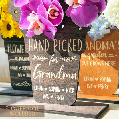 Personalized Wooden Flower Holder Gift for Mom, Grandma - Custom Mother's Day Wood Vase Keepsake with Kids' Names - DIY Real Flower Display with Stand, 6x9.5 Inches - Sympathy Gift