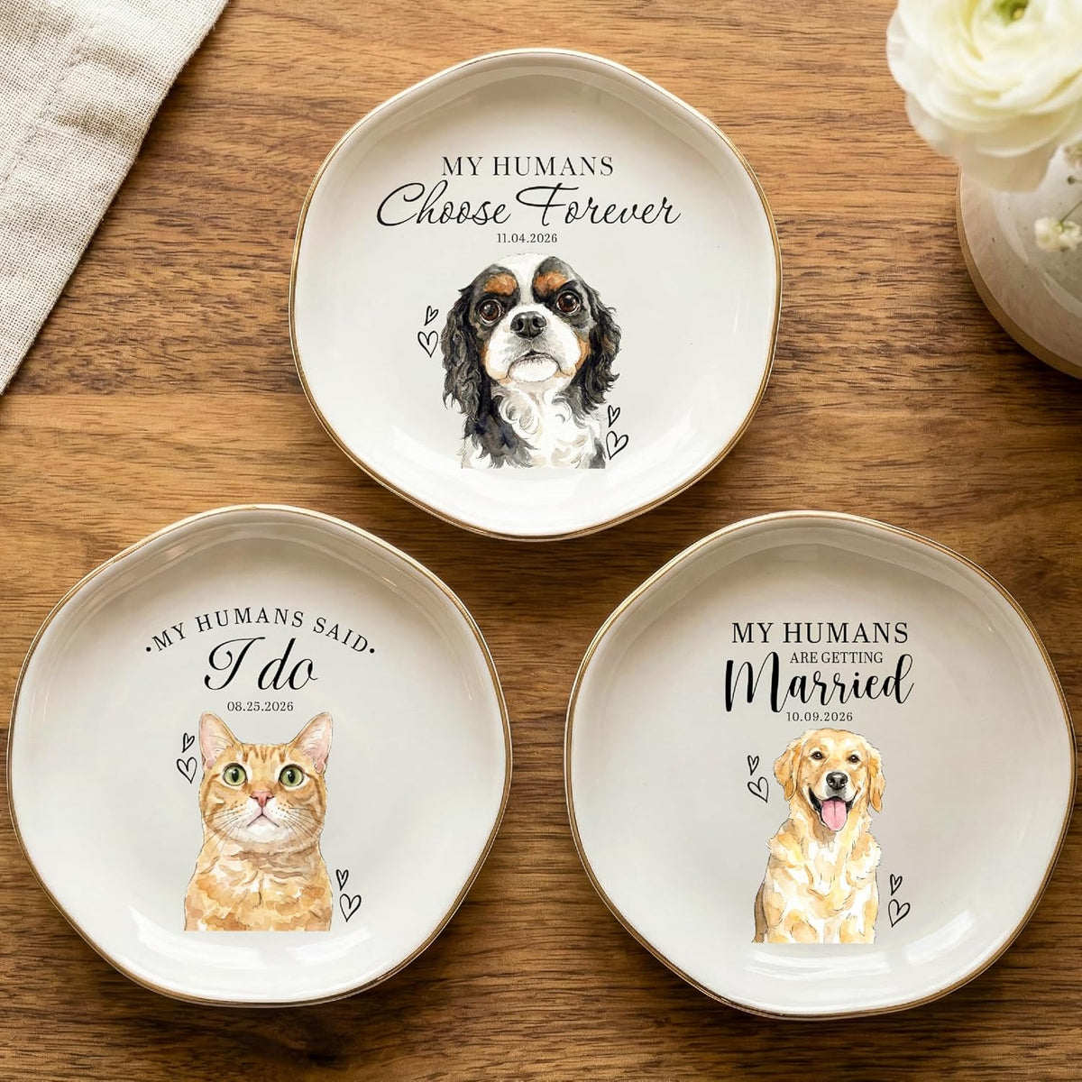 Engagement Ring Dish, Personalized Wedding Ring Holder with Pet Portrait, My Humans Are Getting Married Date Dish, Proposal Gift for Couple, Bridal Shower Decor, Valentine’s Day Anniversary