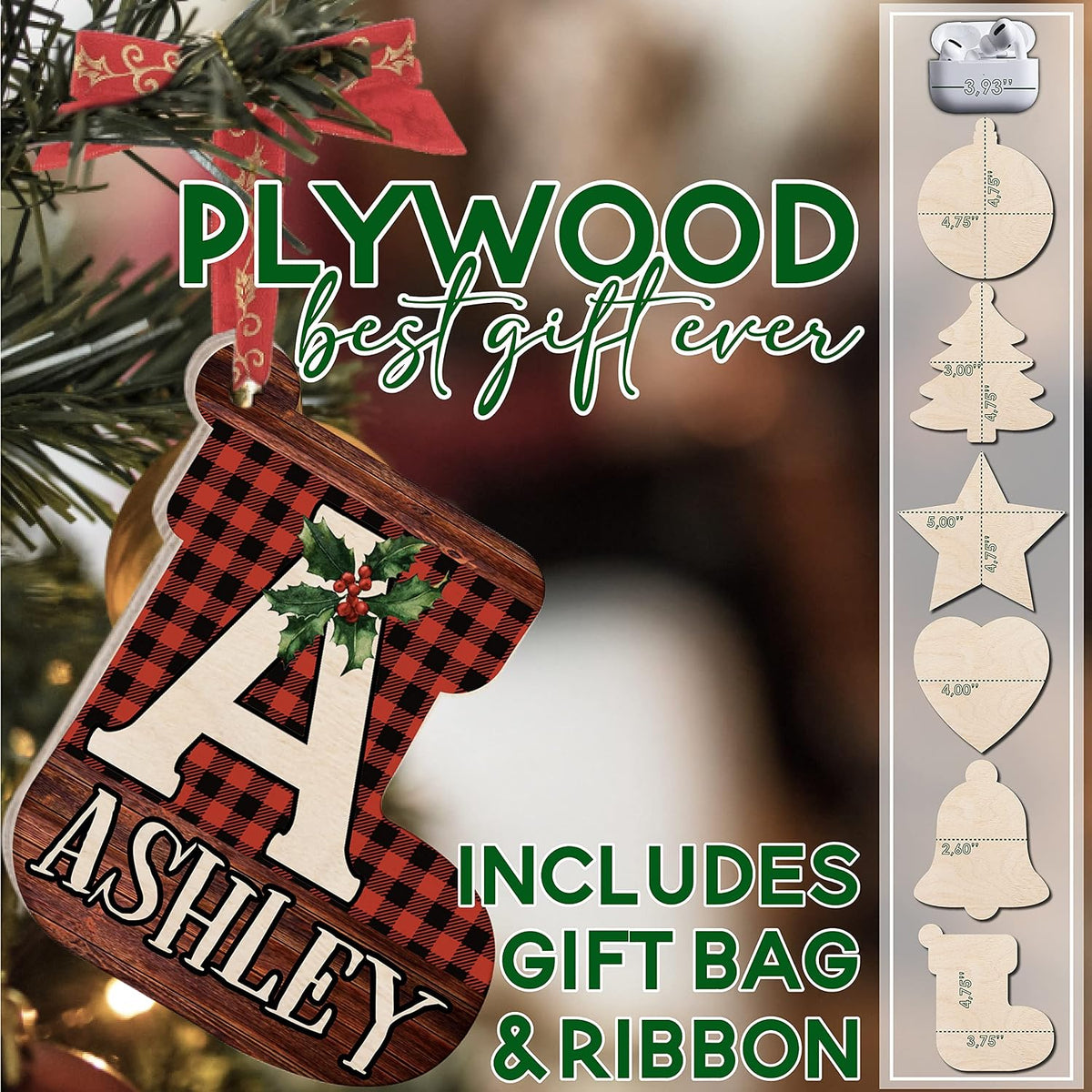 Personalized Christmas Initial Ornaments w/Name, 6 Shape, 3 Font, 8 Pattern - Customized Christma Wood Ornament Decorations Gifts - Custom Noel Star Heart Sock Bell Round Pine Tree Décor Xmas Gift C1