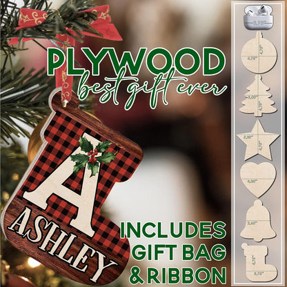 Personalized Christmas Initial Ornaments w/Name, 6 Shape, 3 Font, 8 Pattern - Customized Christma Wood Ornament Decorations Gifts - Custom Noel Star Heart Sock Bell Round Pine Tree Décor Xmas Gift C1