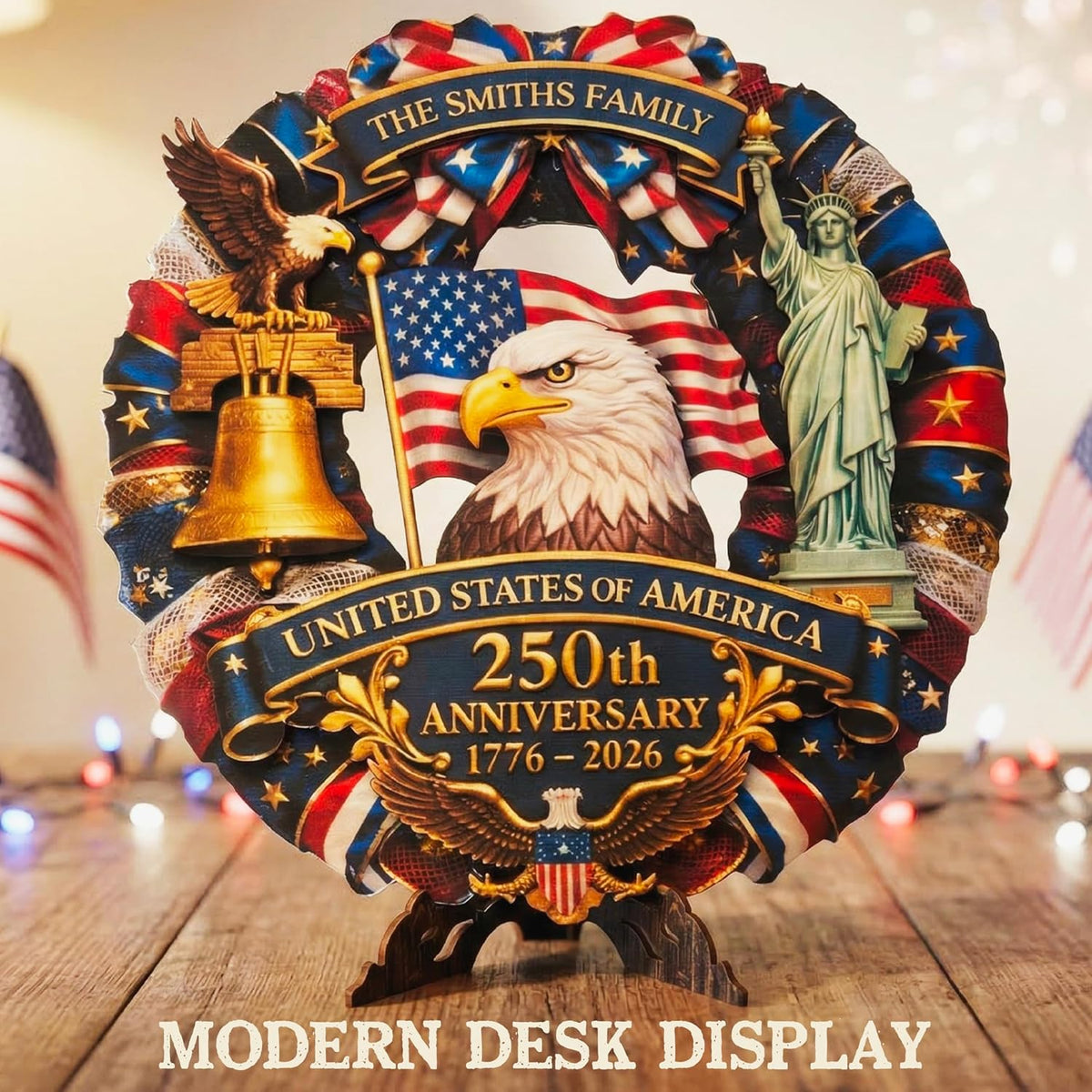 Custom Patriotic Wreath for Front Door, 4th of July Decorations Personalized Family Name Sign, USA 250th Anniversary 2026 Decor, American Flag Eagle Liberty Bell Wall Hanging, Independence Day Gift