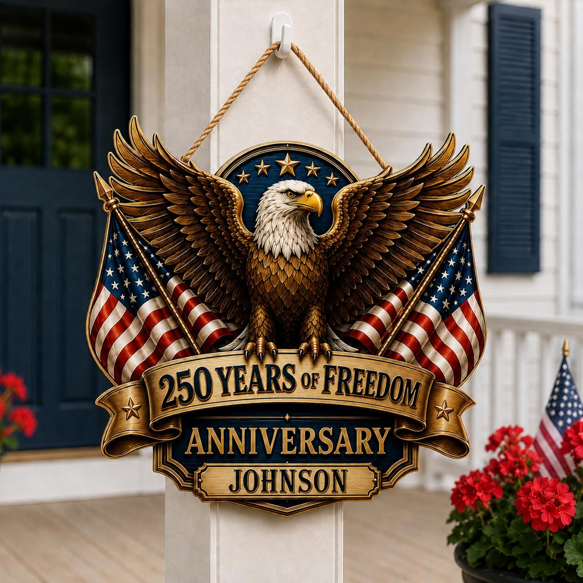Personalized Eagle Patriotic Door Sign for Front Door, Custom Family Name America 250th Anniversary Wooden Door Hanger, USA 1776-2026 Independence Day 4th of July Wall Decor