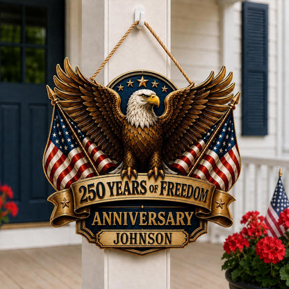 Personalized Eagle Patriotic Door Sign for Front Door, Custom Family Name America 250th Anniversary Wooden Door Hanger, USA 1776-2026 Independence Day 4th of July Wall Decor
