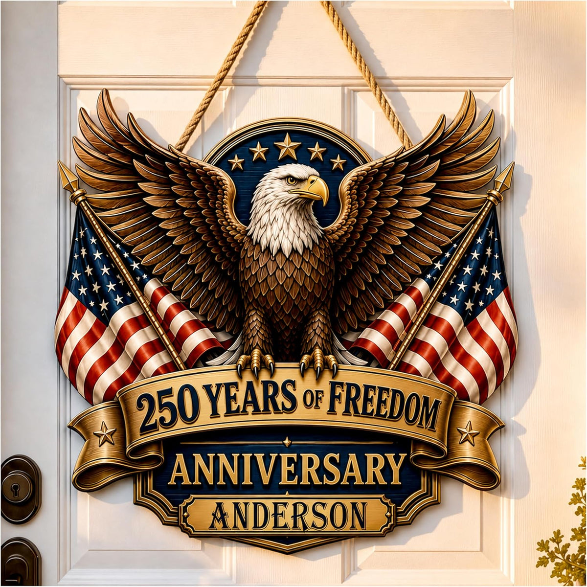 Personalized Eagle Patriotic Door Sign for Front Door, Custom Family Name America 250th Anniversary Wooden Door Hanger, USA 1776-2026 Independence Day 4th of July Wall Decor