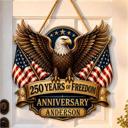 Personalized Eagle Patriotic Door Sign for Front Door, Custom Family Name America 250th Anniversary Wooden Door Hanger, USA 1776-2026 Independence Day 4th of July Wall Decor