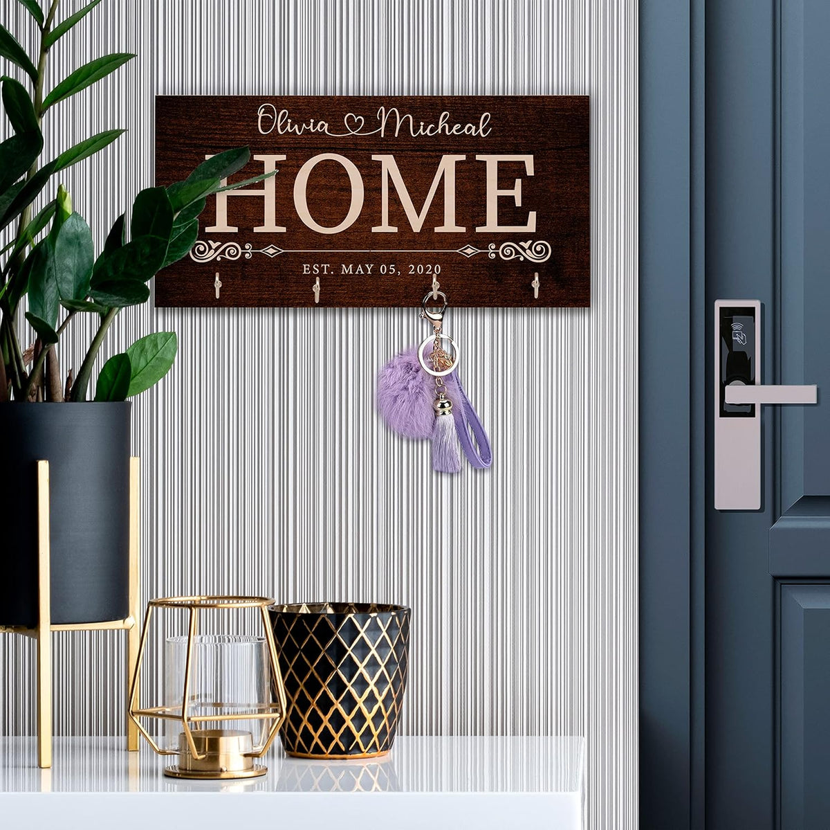 Zexpa Apparel Personalized Wood Key Hook for Couple Mr Mrs Customized Wooden Wall Key Rack, Custom Wedding Date