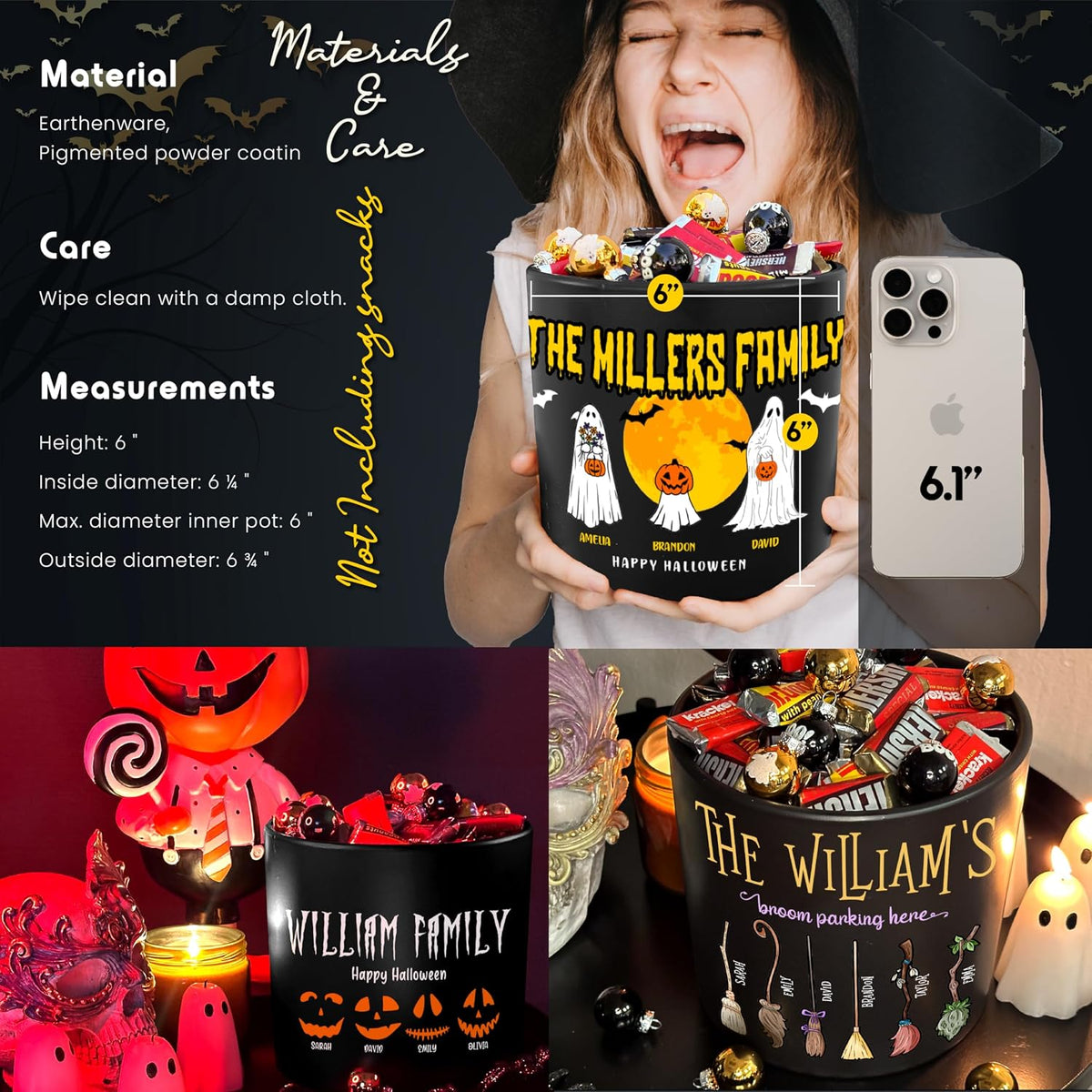 Zexpa Apparel Personalized Halloween Pot with Family Names Gifts for Gradma, Dad, Mom - Candy Bowl Customized Ghost Gift Idea for Families, Pumpkin, Put The Candies, Trick or Treat, Add Text