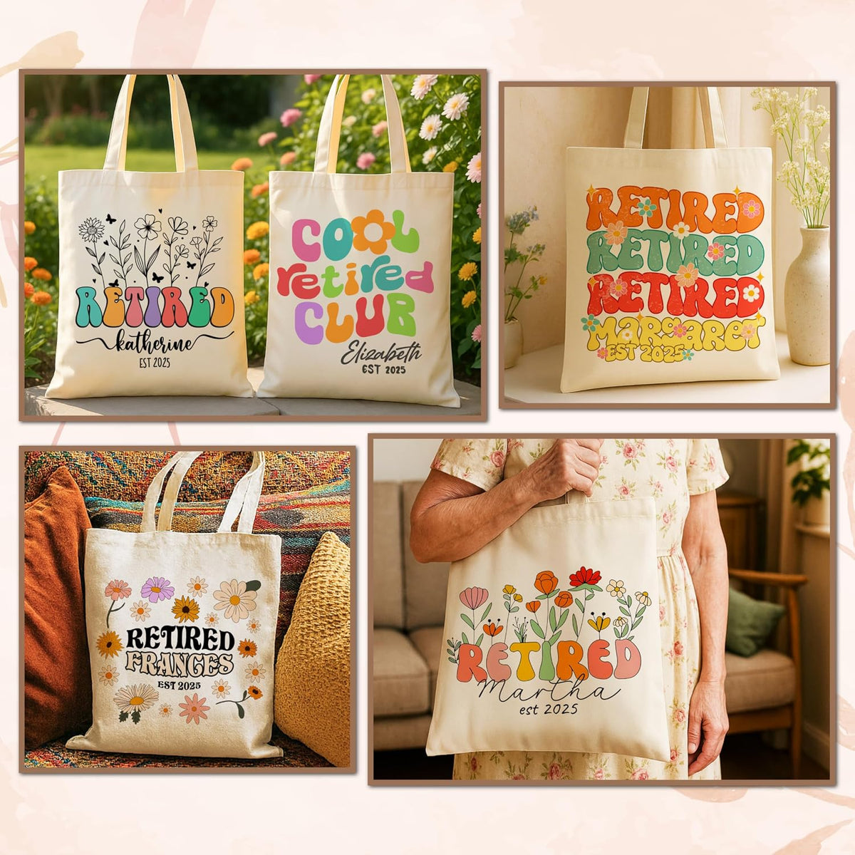 Personalized Retired Tote Bag with Name & Year - Custom Floral Canvas Shoulder Bag Gift for Retired Women, Teachers, Nurses, Coworkers - Retirement Party Favor, Funny Daily Use Bag 15x16 Inch