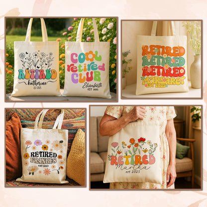 Personalized Retired Tote Bag with Name & Year - Custom Floral Canvas Shoulder Bag Gift for Retired Women, Teachers, Nurses, Coworkers - Retirement Party Favor, Funny Daily Use Bag 15x16 Inch