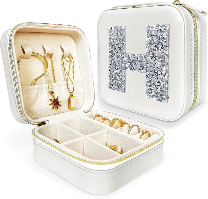 Personalized Initial Jewelry Box Gifts for Women - White & Pink Colors - Travel Organizer Case for Girls - Bridesmaid Gift (White Box #H)