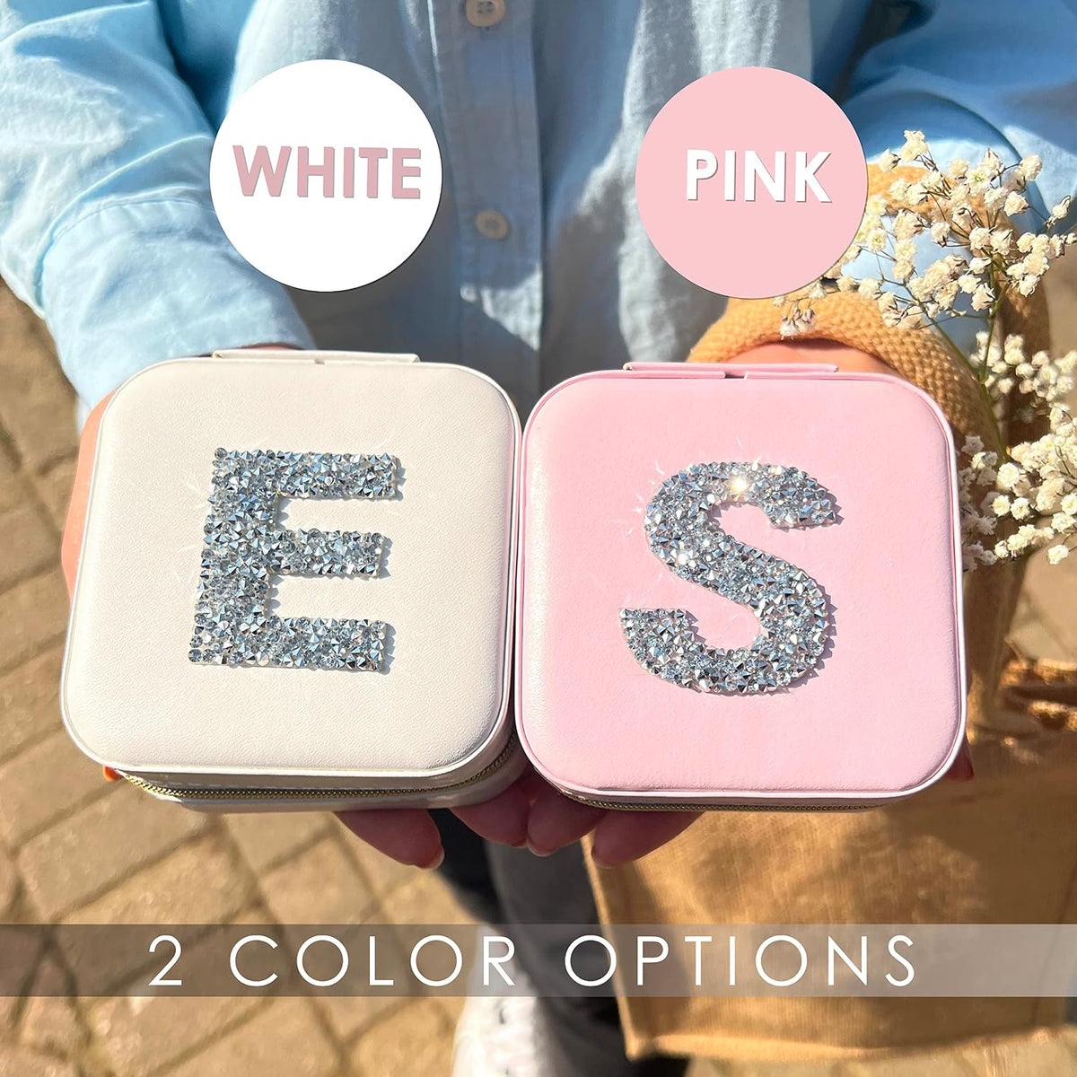 UNIQUE CUSTOM GIFTS Personalized Initial Jewelry Box Gifts for Women - White & Pink Colors - Travel Organizer Case for Girls - Bridesmaid Gift (Pink Box #L)