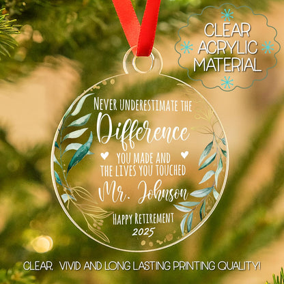 Retirement Ornament Keepsake – Personalized Retirement Gift for Coworker, Boss, Teacher or Nurse – Custom Acrylic Holiday Decoration to Celebrate Years of Service and New Beginnings