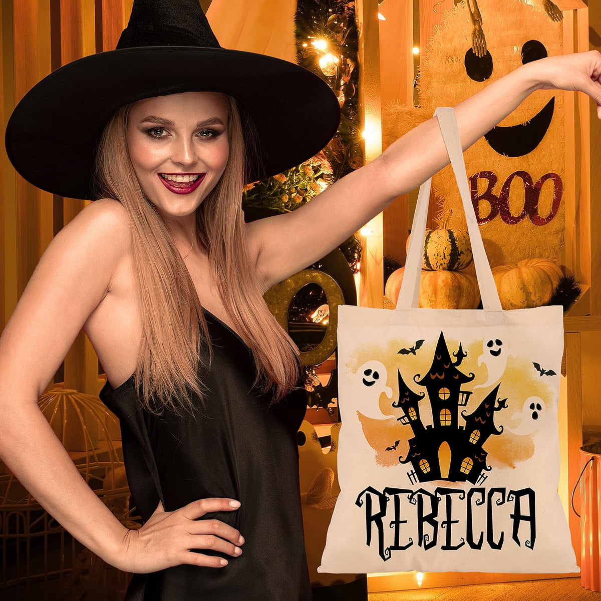 Custom Name Halloween Trick or Treat Canvas Tote Bags - Personalized Reusable 15x16" Gift Bag with Pumpkin, Skeleton, Ghost & Castle - Gift for Halloween Parties