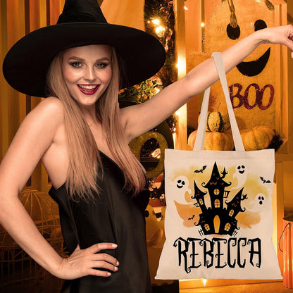 Custom Name Halloween Trick or Treat Canvas Tote Bags - Personalized Reusable 15x16" Gift Bag with Pumpkin, Skeleton, Ghost & Castle - Gift for Halloween Parties