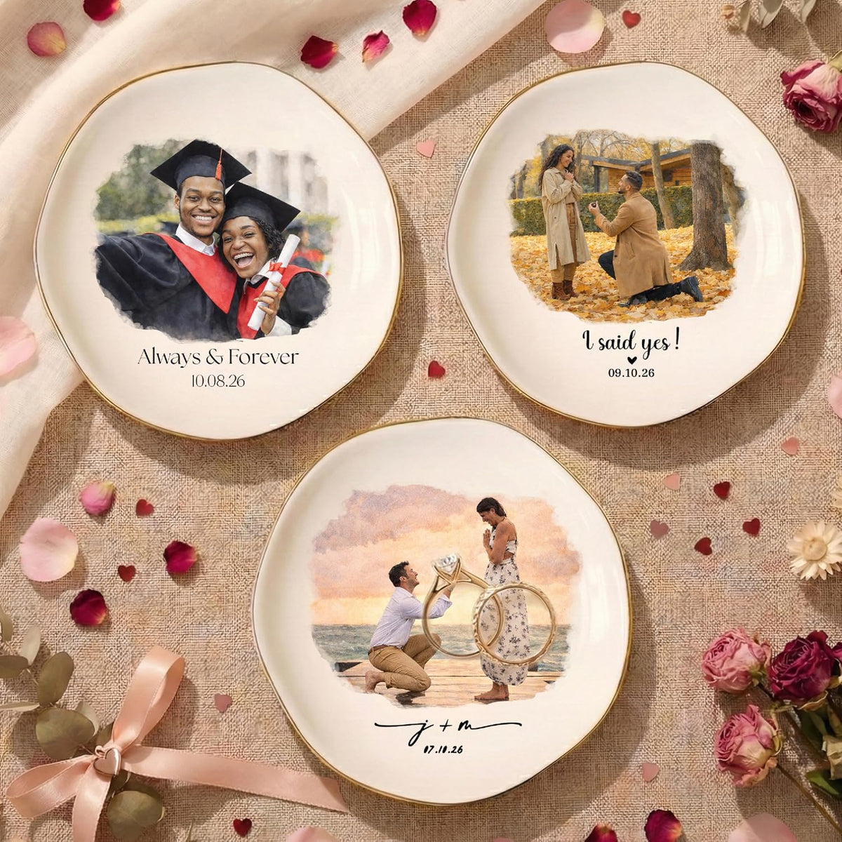 Personalized Proposal Photo Ring Dish Plate – Custom Engagement Gift with Couple Picture, Name & Date – Ceramic Jewelry Tray for Fiancé, Bride to Be, Girlfriend – Valentine’s Day Keepsake