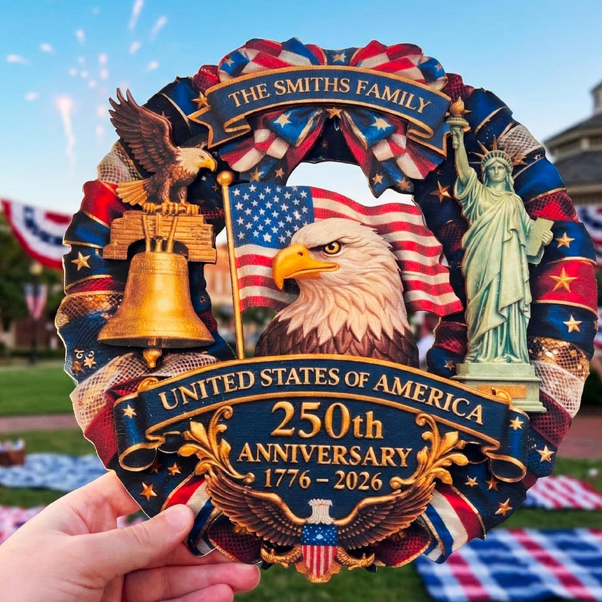 Custom Patriotic Wreath for Front Door, 4th of July Decorations Personalized Family Name Sign, USA 250th Anniversary 2026 Decor, American Flag Eagle Liberty Bell Wall Hanging, Independence Day Gift
