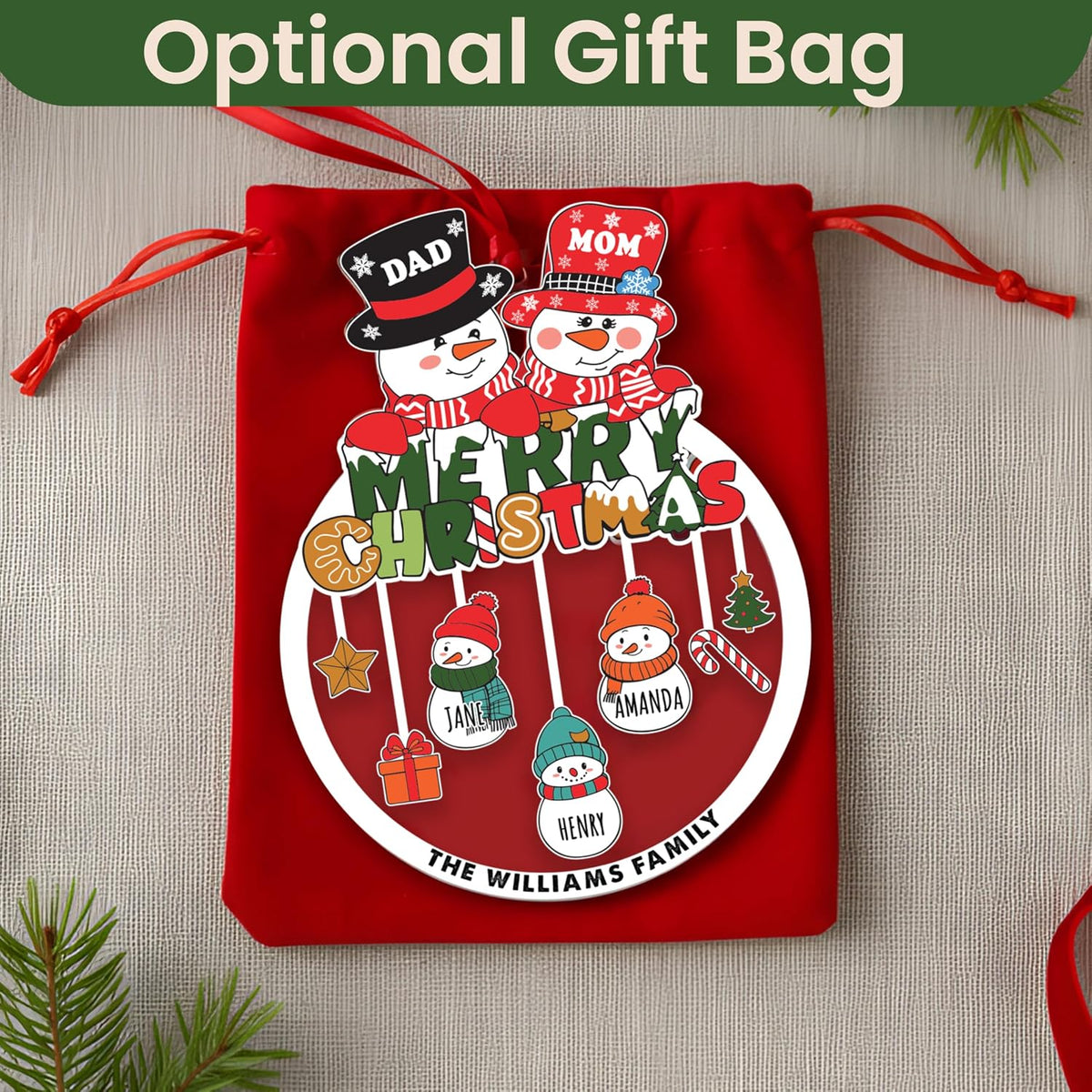 Family Christmas Ornament with Names – Personalized Snowman Family Tree Decoration – Custom Parents & Kids Name Ornament with Surname – Holiday Keepsake for Mom, Dad, Grandparents, Grandkids