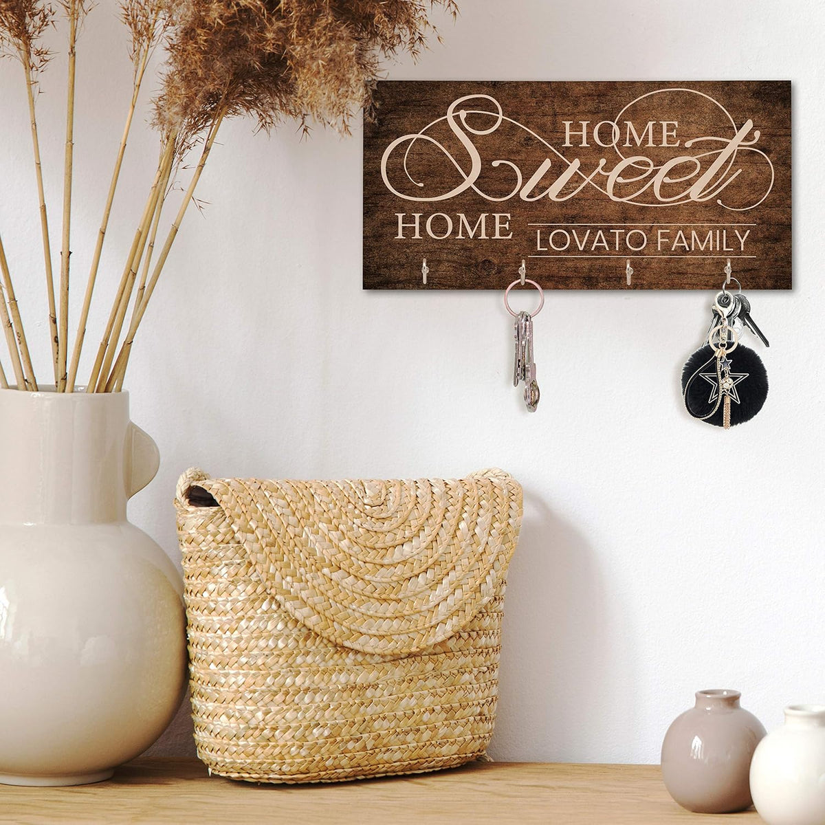 Personalized Wood Key Hanger for Wall | New Home Décor Gift for Wedding Housewarming | Customized Gifts for Couple Mr Mrs Key Ring Holder Hook | Key Rack | C02D08