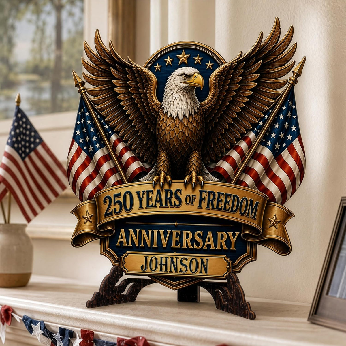 Personalized Eagle Patriotic Door Sign for Front Door, Custom Family Name America 250th Anniversary Wooden Door Hanger, USA 1776-2026 Independence Day 4th of July Wall Decor