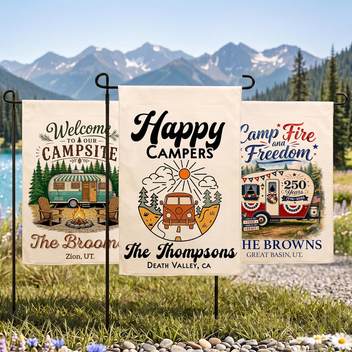 Personalized Camping Garden Flag 13x18 Inch Double Sided, Custom Family Name Welcome to Our Campsite Yard Flag