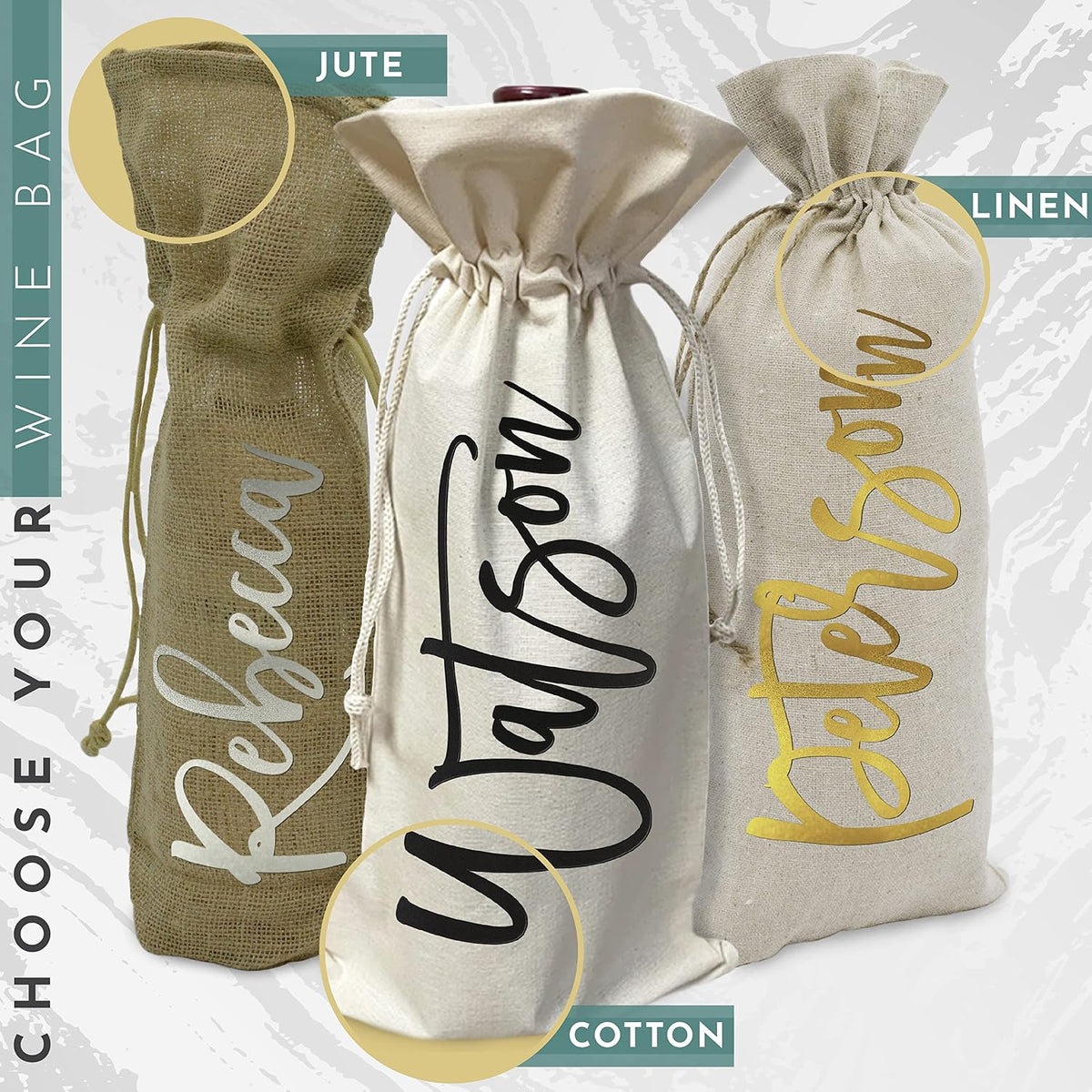 Personalized Burlap Wine Bag with Name, Custom Drawstring Bottle Gift Bag