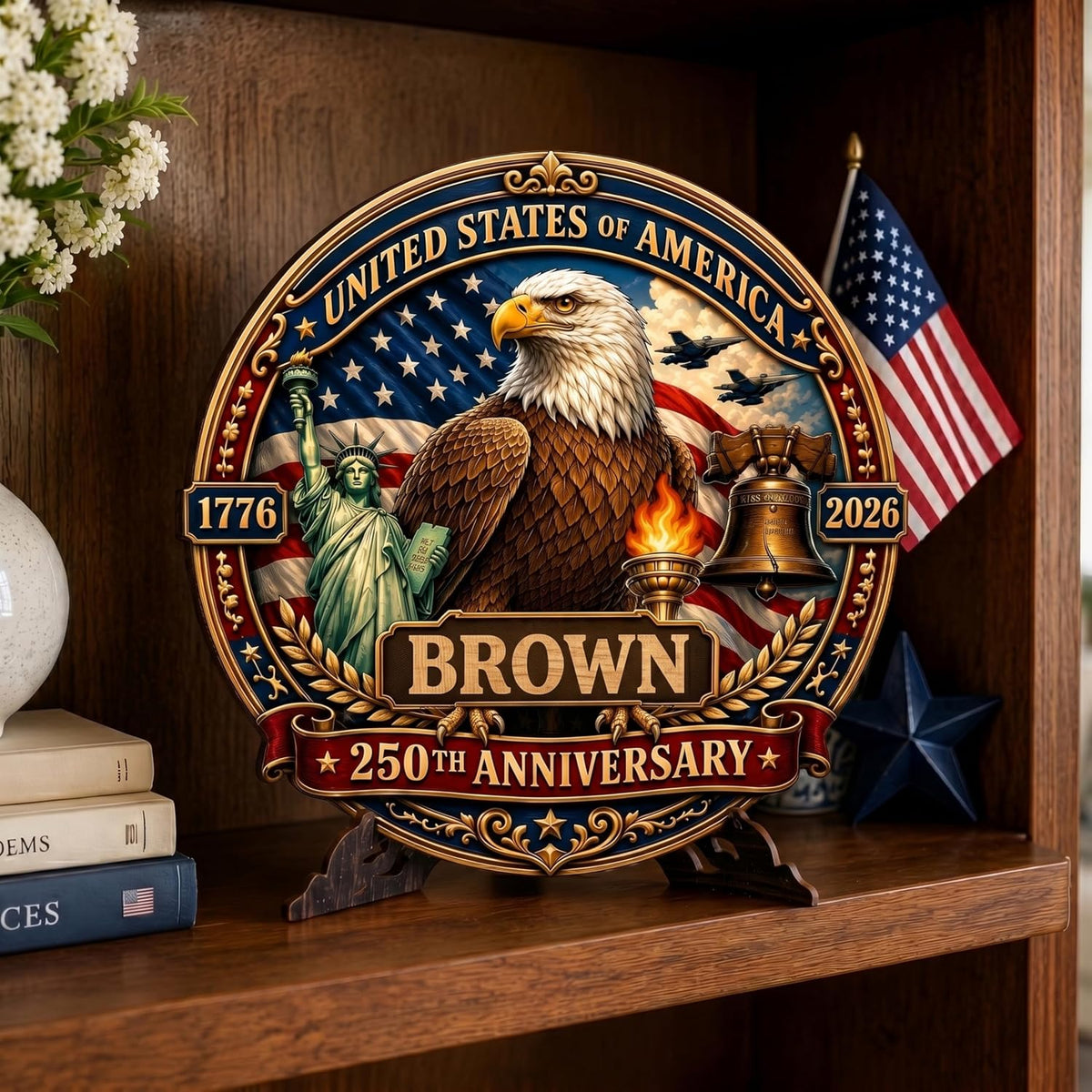 Personalized Eagle Patriotic Door Sign for Front Door, Custom Family Name America 250th Anniversary Wooden Door Hanger, USA 1776-2026 Independence Day 4th of July Wall Decor