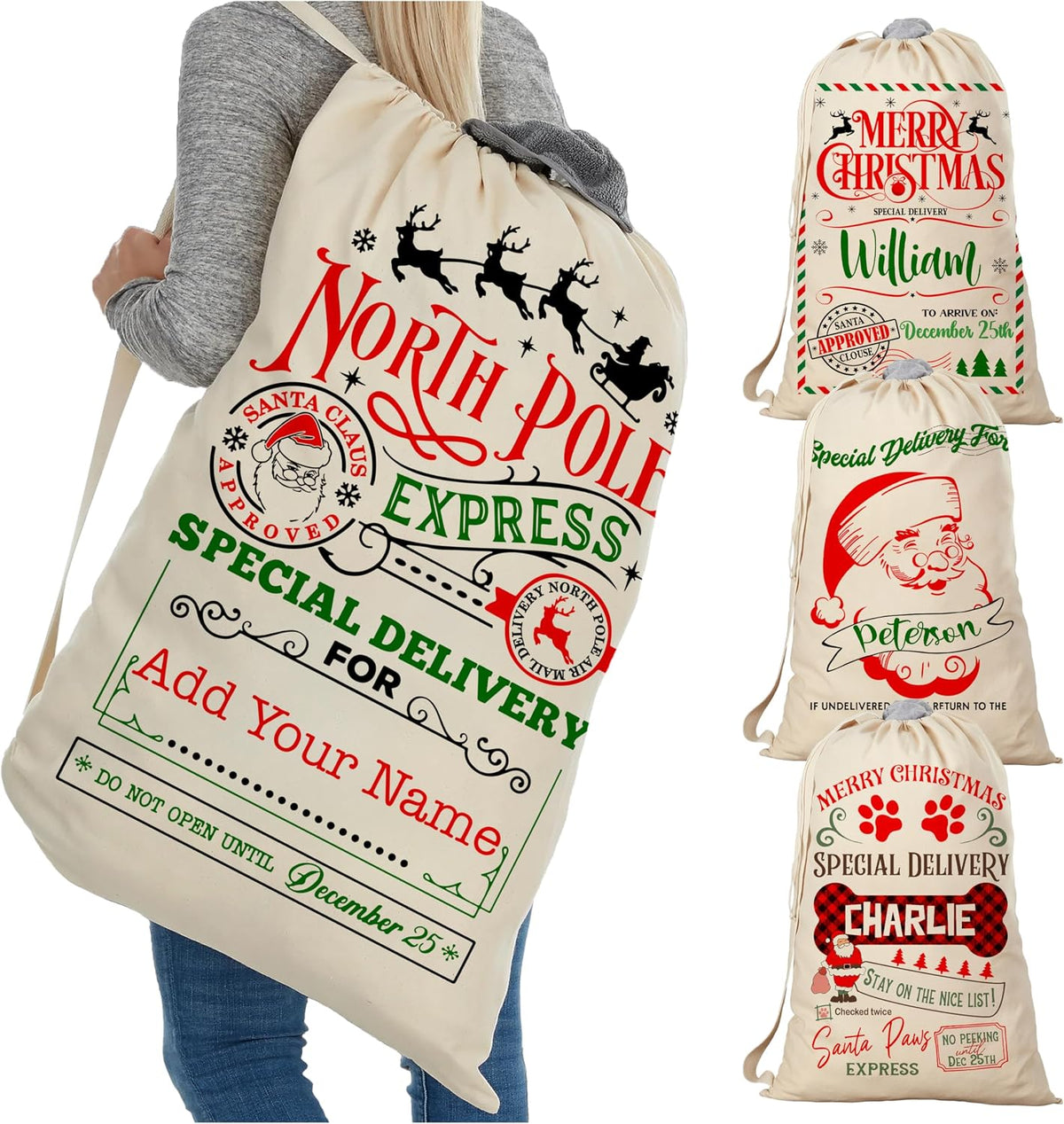 Personalized Christmas Santa Sack, Custom Drawstring Xmas Gift Bag
