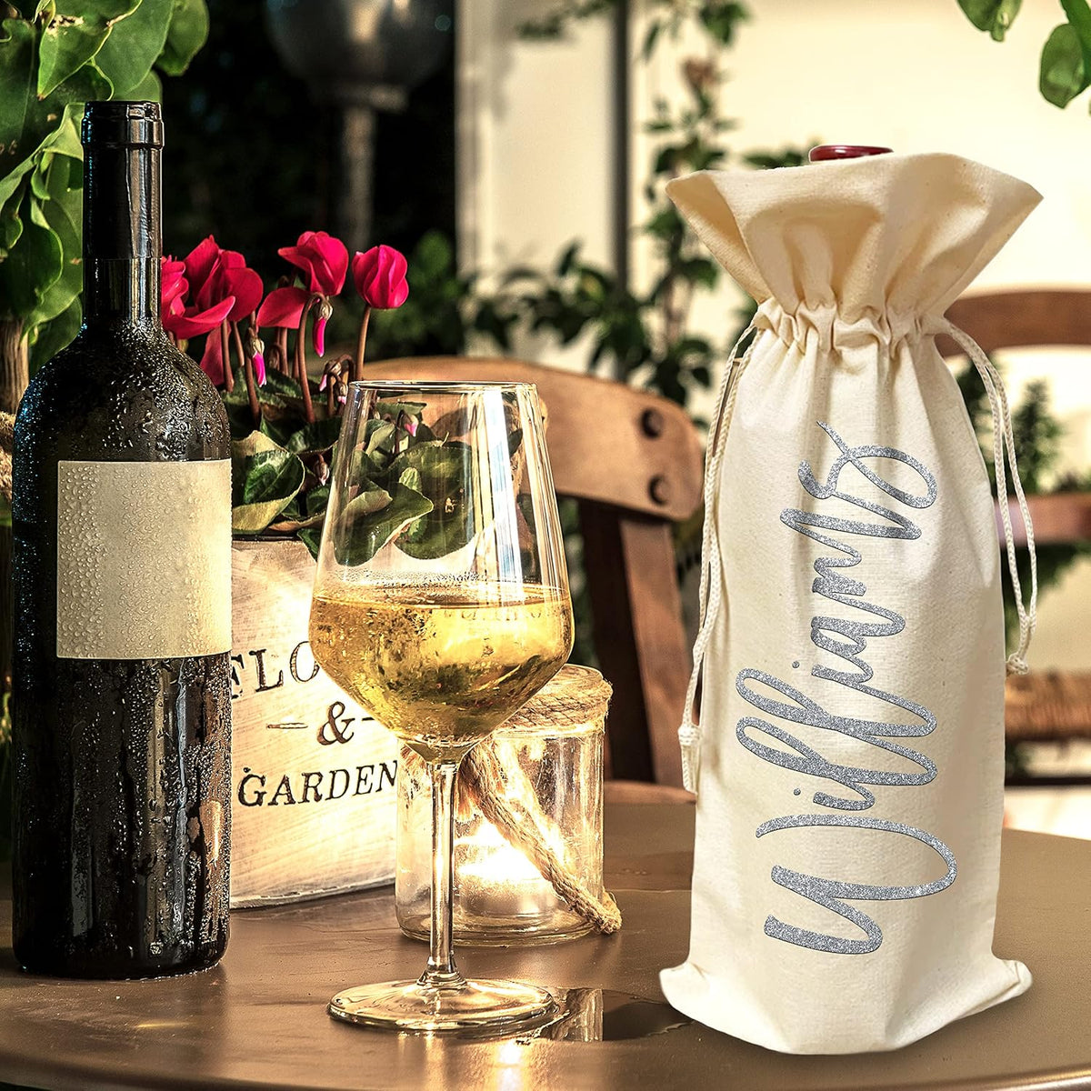 Personalized Burlap Wine Bag with Name, Custom Drawstring Bottle Gift Bag