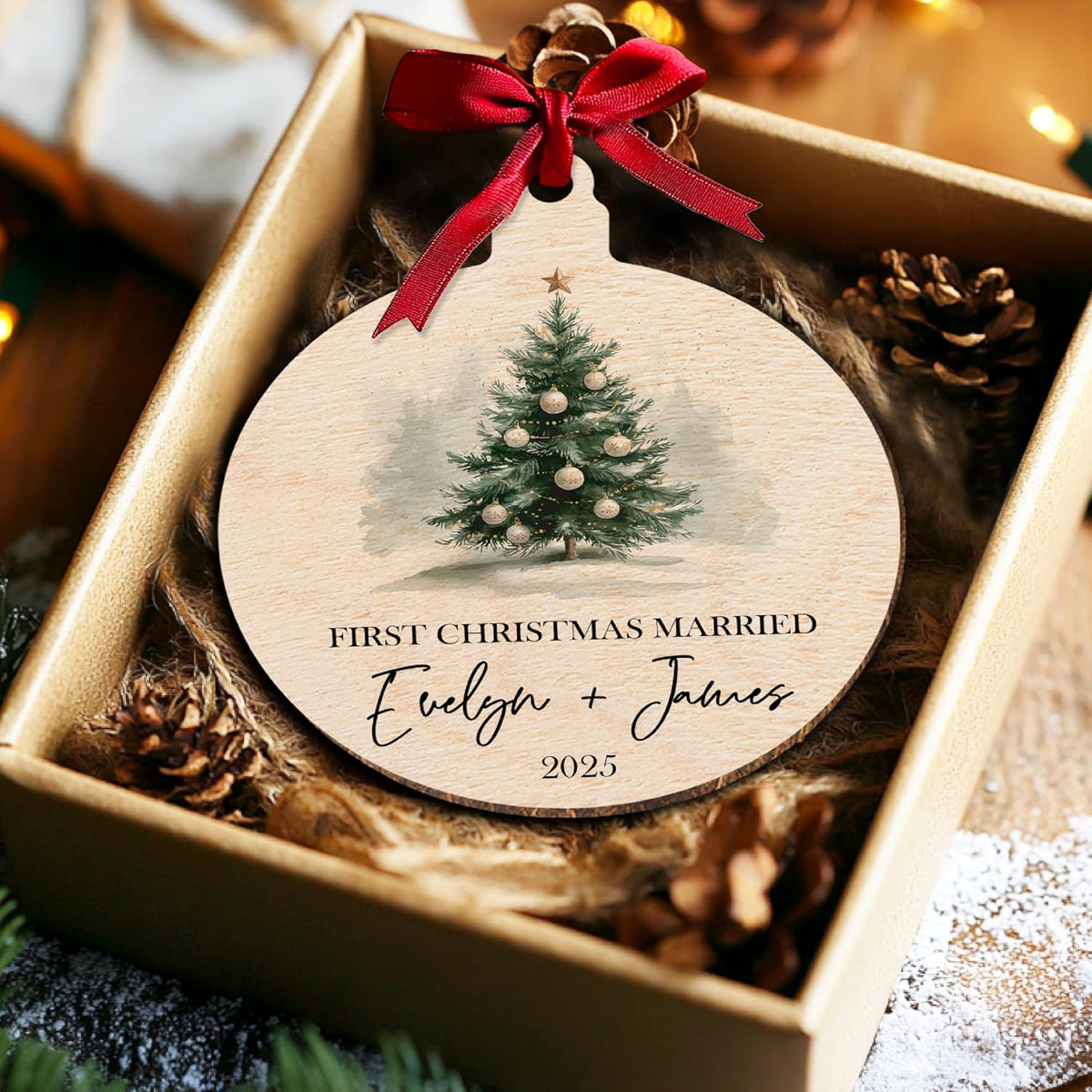 Custom Ceramic Christmas Ornaments with Photo & Names - Personalized First Married Christmas - Unique for Husband & Wife with Picture - Merry Christmas Tree Present