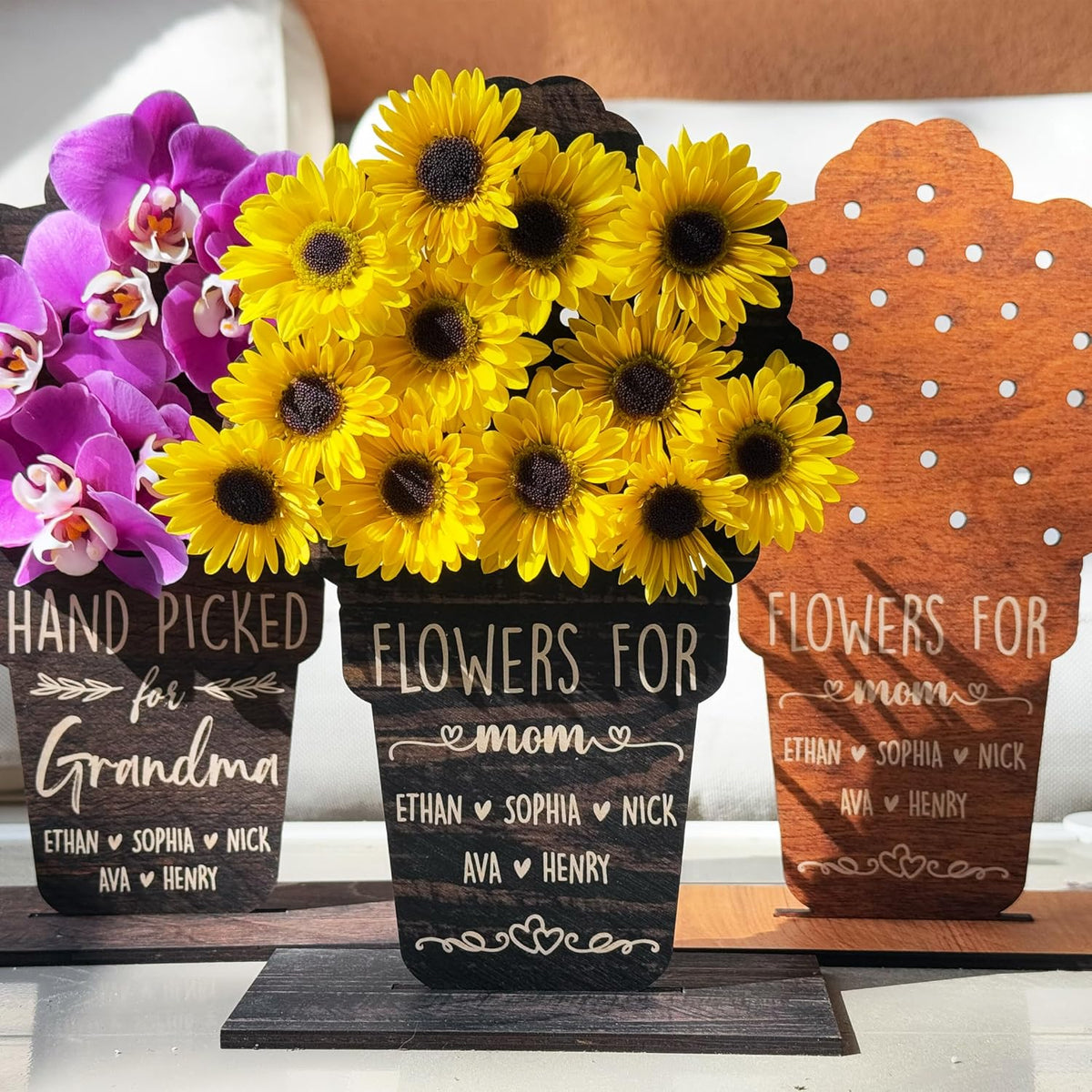 Personalized Wooden Flower Holder Gift for Mom, Grandma - Custom Mother's Day Wood Vase Keepsake with Kids' Names - DIY Real Flower Display with Stand, 6x9.5 Inches - Sympathy Gift