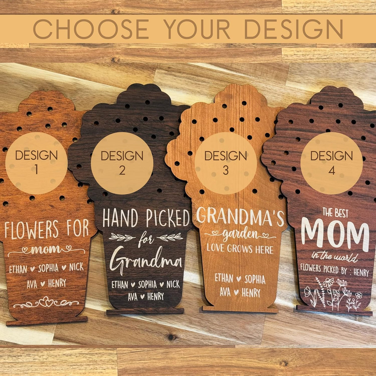 Personalized Wooden Flower Holder Gift for Mom, Grandma - Custom Mother's Day Wood Vase Keepsake with Kids' Names - DIY Real Flower Display with Stand, 6x9.5 Inches - Sympathy Gift