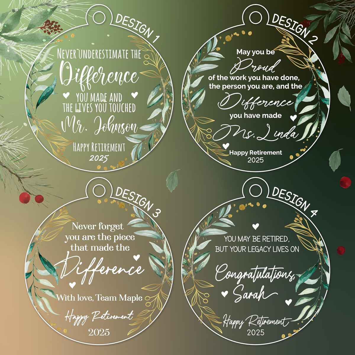 Retirement Ornament Keepsake – Personalized Retirement Gift for Coworker, Boss, Teacher or Nurse – Custom Acrylic Holiday Decoration to Celebrate Years of Service and New Beginnings