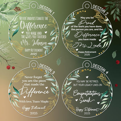 Retirement Ornament Keepsake – Personalized Retirement Gift for Coworker, Boss, Teacher or Nurse – Custom Acrylic Holiday Decoration to Celebrate Years of Service and New Beginnings