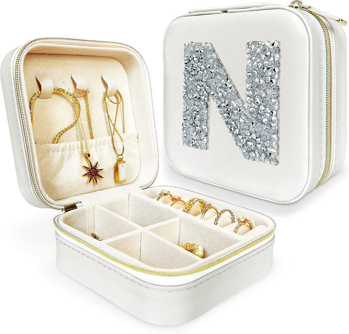 Personalized Initial Jewelry Box Gifts for Women - White & Pink Colors - Travel Organizer Case for Girls - Bridesmaid Gift (White Box #N)