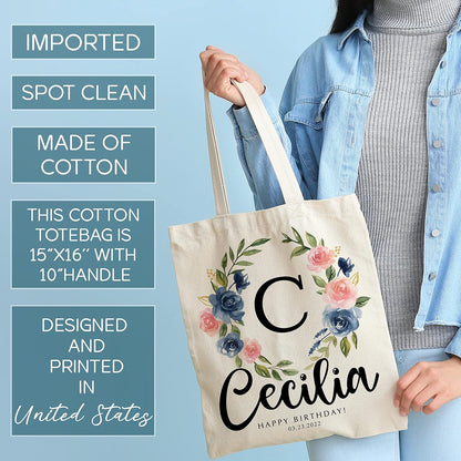 Zexpa Apparel Personalized Floral Initial Tote Bags for Women – Custom Name Monogram Gift for Mom, Grandma, or Wife – Bridesmaid Wedding Shoulder Bag – Reusable Mother’s Day Gift Idea