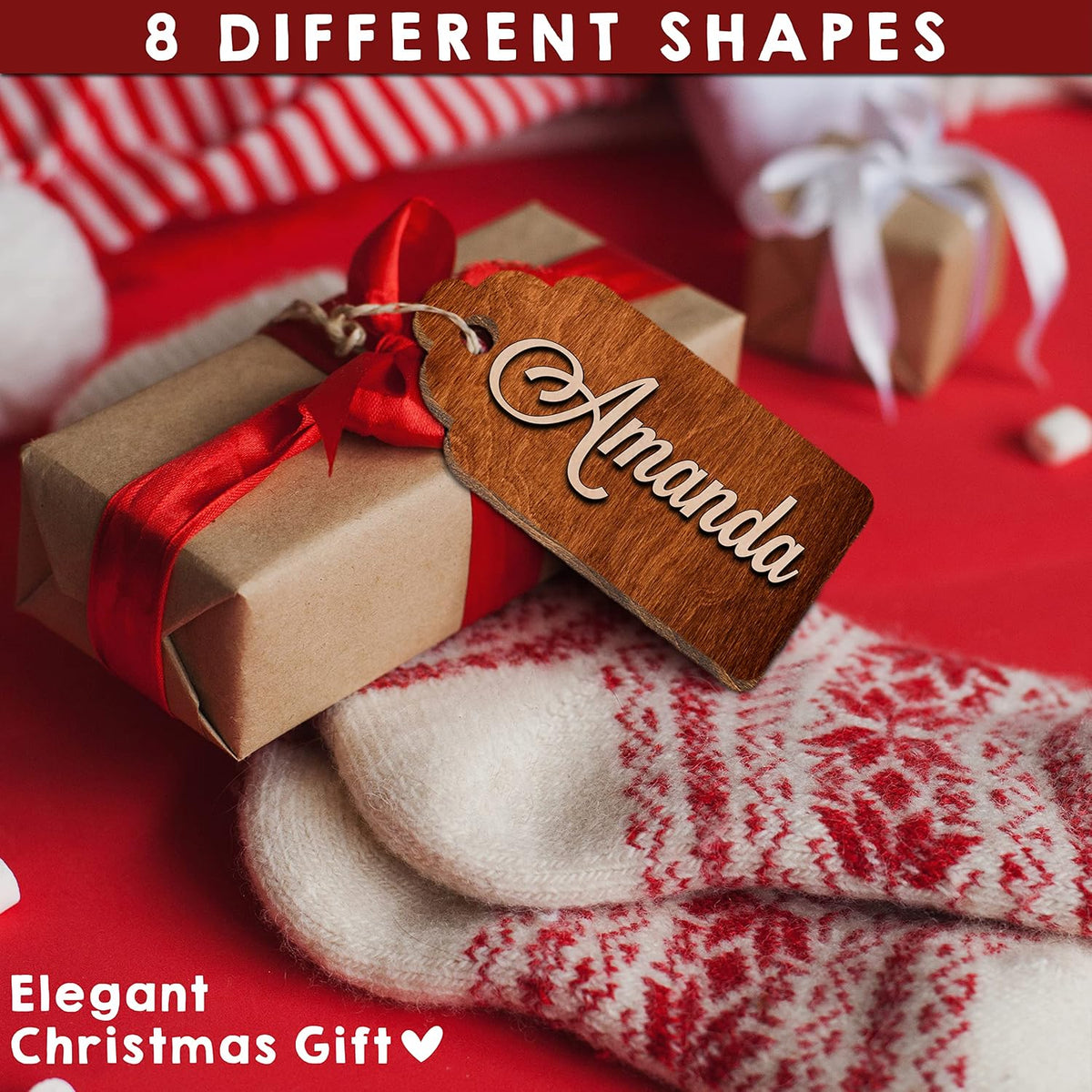 Personalized Christmas Name Tag w/Name - 4 Background & 8 Shapes - Customized Christmas Stocking Tags for Stocking - Round Wood Gift Tag for Xmas Decor - Custom Wooden Rectangular Nametag Gift Card C2